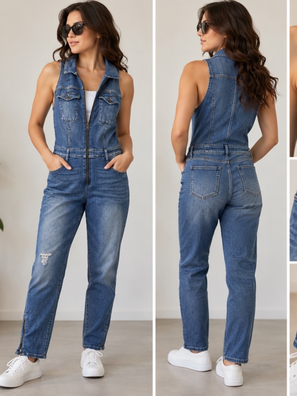 GUESS 1981 Denim Jumpsuit Blue Sleeveless Zip Y2K Size 10